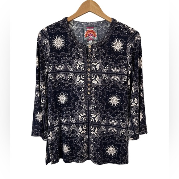 Johnny Was Tops - Johnny Was Runa button front henley tee XXS navy cream jersey knit celestial NWT